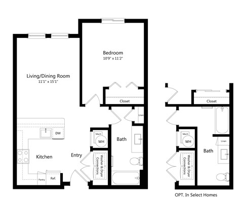 Floor plan for 1 bed, 1 bath, 650 sqft